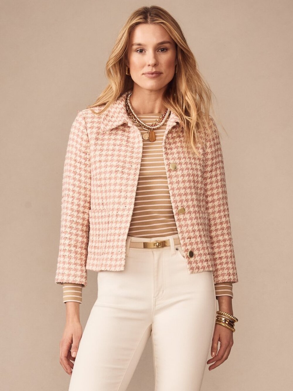 J McLaughlin Violette Tweed Jacket in Houndstooth - White/Pink NEW